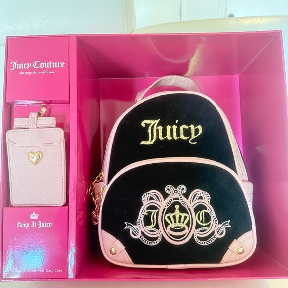 NIB Juicy Couture Heritage Mini Backpack Card Case Gift Set Black PINK - Picture 1 of 5